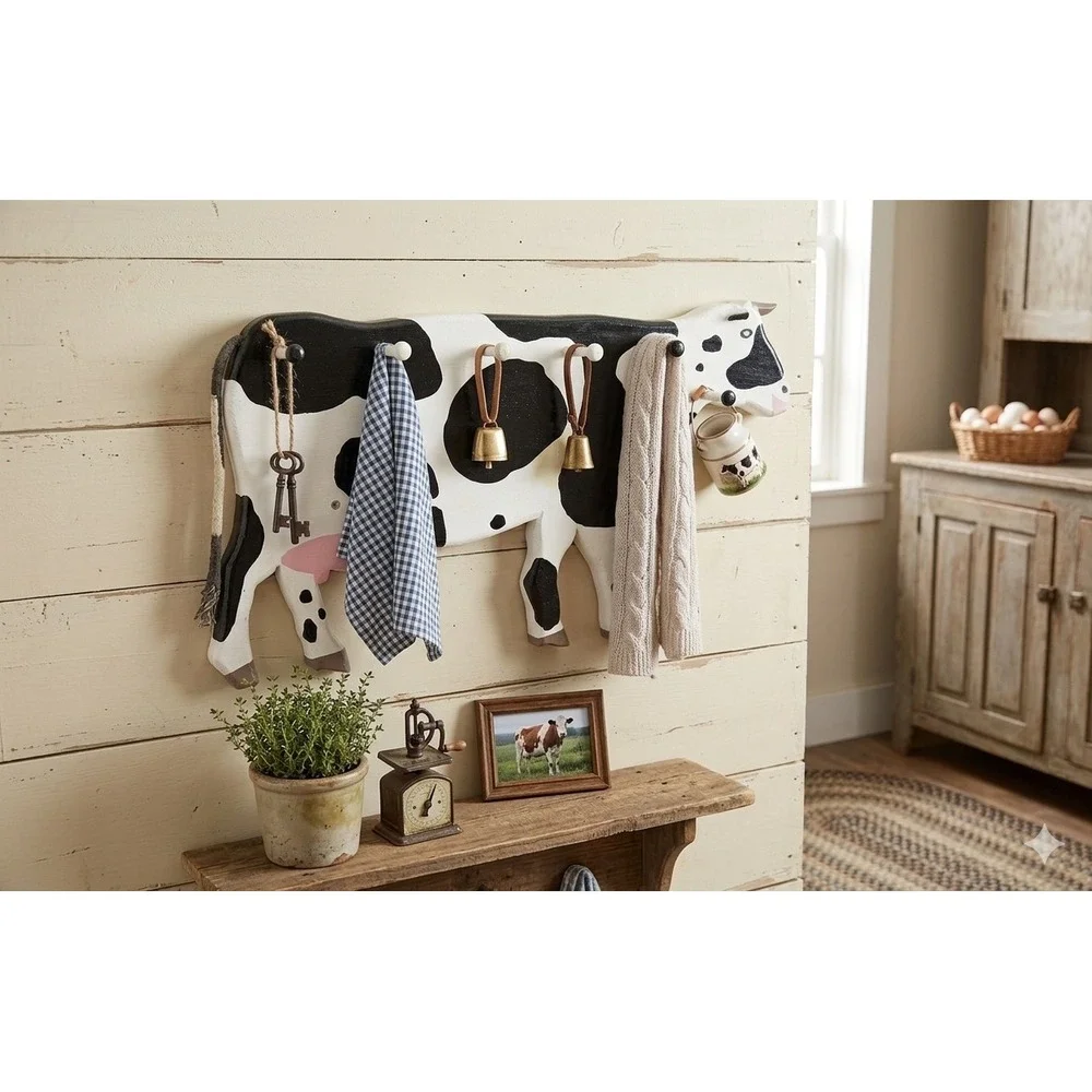 Things in Wood Dale Seiders Cow Wall Rack 8 Peg Hand Painted Farmhouse Folk Art